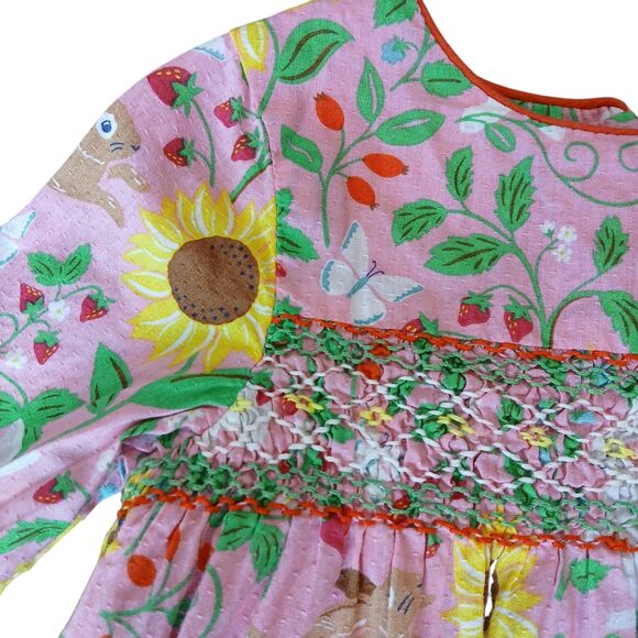 Mini Boden Pink Floral Bunnies Summer Sunflowers Dress Size 2-3Y Embroidered Euc - Picture 2 of 16